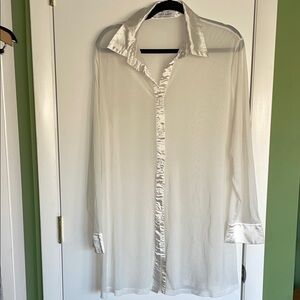 White Mesh Button Down Shirt with Satiny Collar and Cuffs